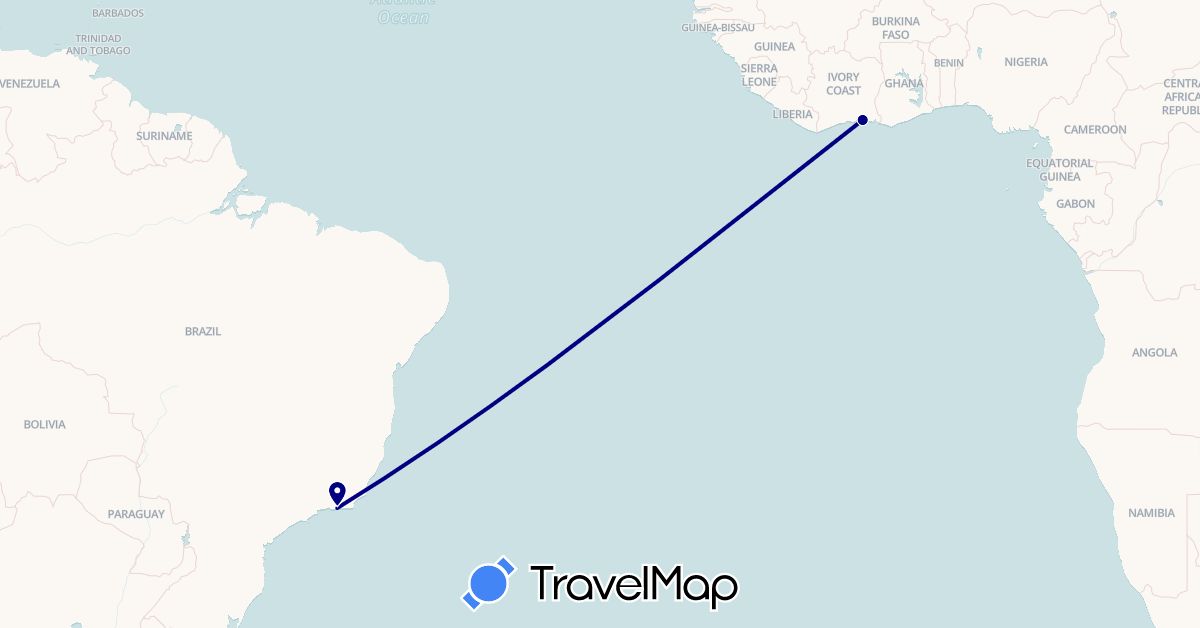 TravelMap itinerary: driving in Brazil, Côte d'Ivoire (Africa, South America)